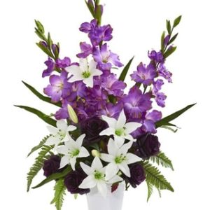 mixed-flowers-artificial-arrangement-in-white-vase-purple