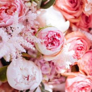 Beautiful blossoming flowers: peonies, roses, ranunculus, tulips, carnations,eustoma lisianthks hydrangea in tender pink colour